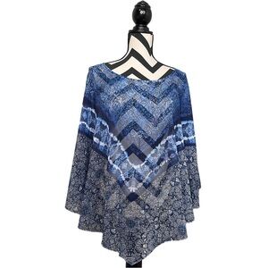 Bohemian Beachy One Size Blue Printed Sheer Poncho Cover-Up